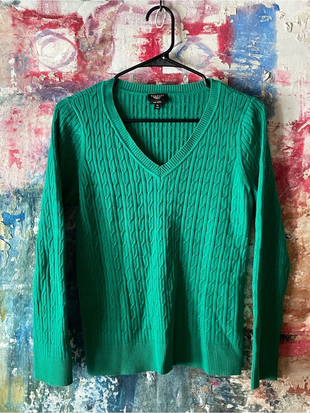 Talbots Women's Cable-Effect V-Neck Sweater - Teal Green